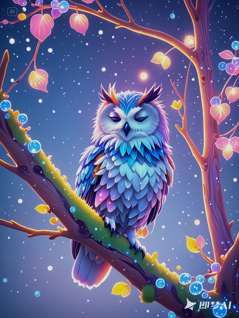 一只猫头鹰蹲在树枝上​-即梦AI绘图