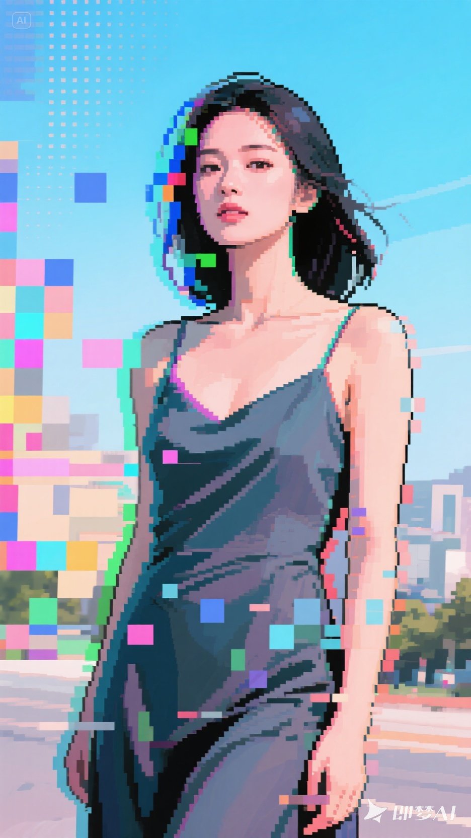 使用故障艺术，背景是像素化和色彩斑斓的剪贴-即梦AI绘图