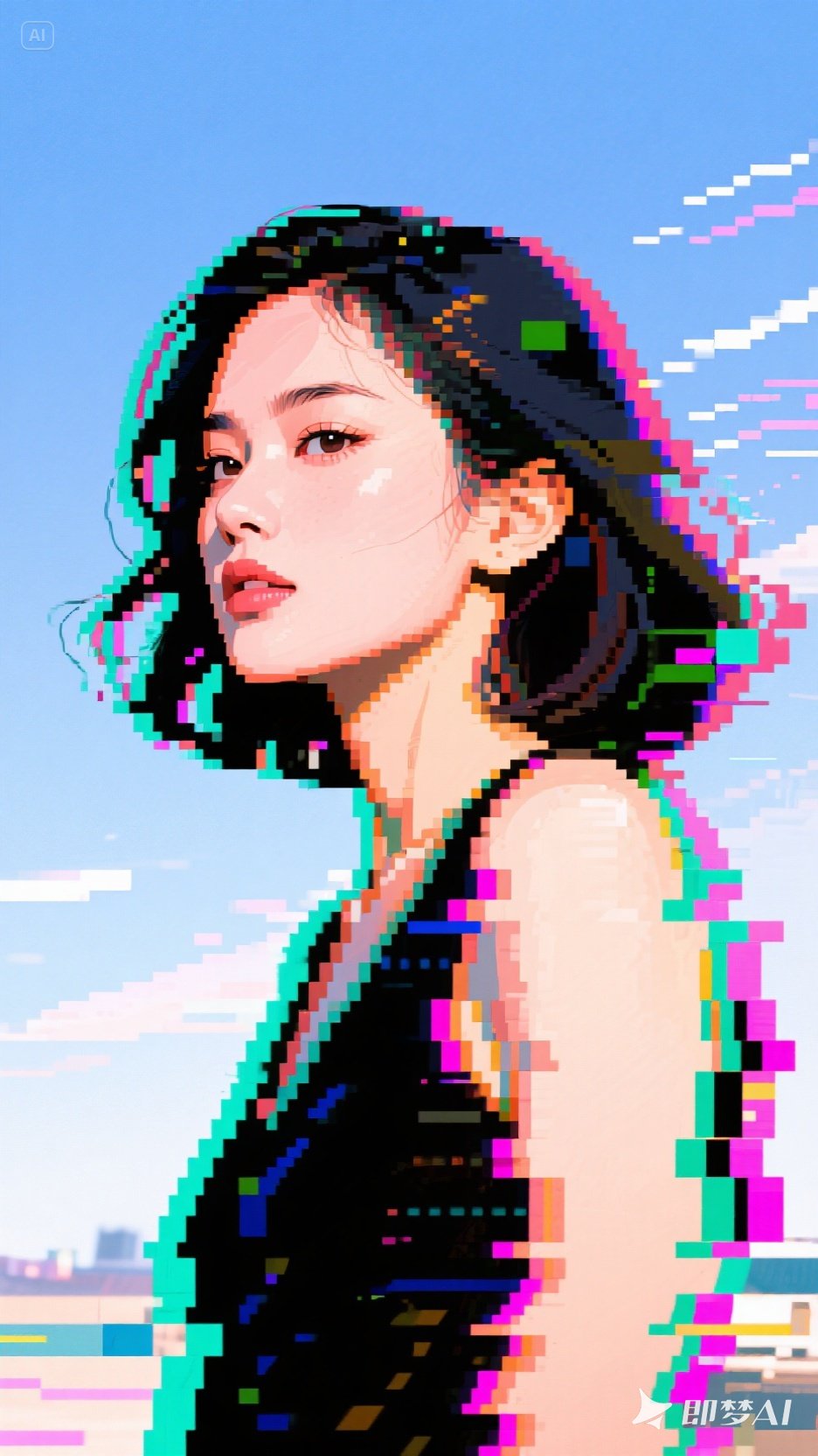 使用故障艺术，背景是像素化和色彩斑斓的剪贴-即梦AI绘图