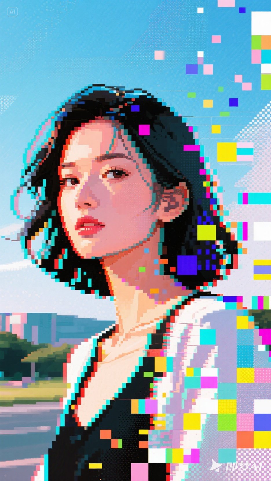 使用故障艺术，背景是像素化和色彩斑斓的剪贴-即梦AI绘图