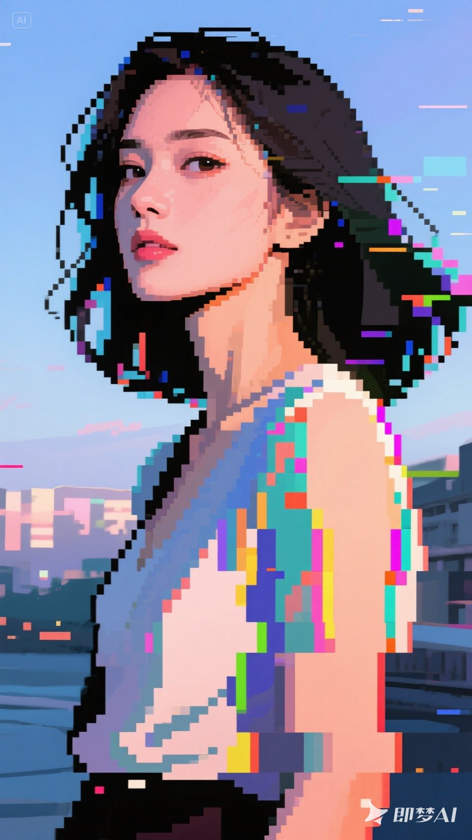 使用故障艺术,背景是像素化和色彩斑斓的剪贴-即梦AI绘图