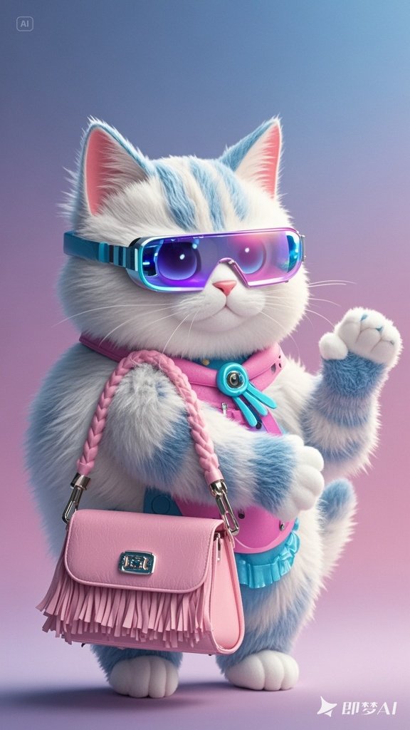 戴着未来科技赛博眼镜的拟人猫咪女士3D模型-即梦AI绘图