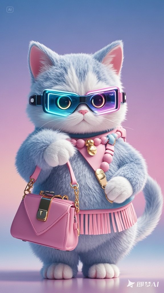 戴着未来科技赛博眼镜的拟人猫咪女士3D模型-即梦AI绘图