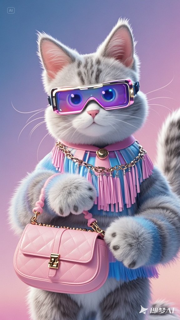 戴着未来科技赛博眼镜的拟人猫咪女士3D模型-即梦AI绘图