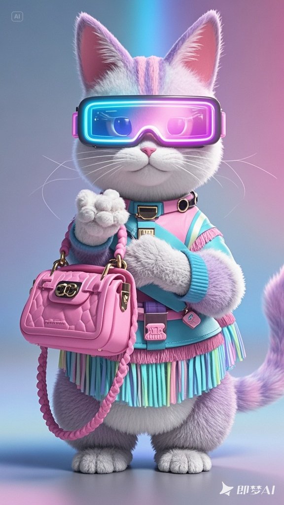 戴着未来科技赛博眼镜的拟人猫咪女士3D模型-即梦AI绘图