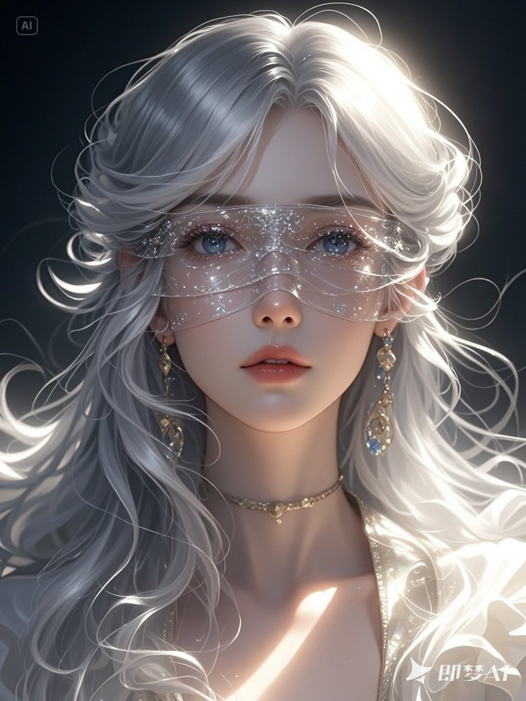 漫画,cg渲染,银发,透明薄纱遮眼形象——即梦AI