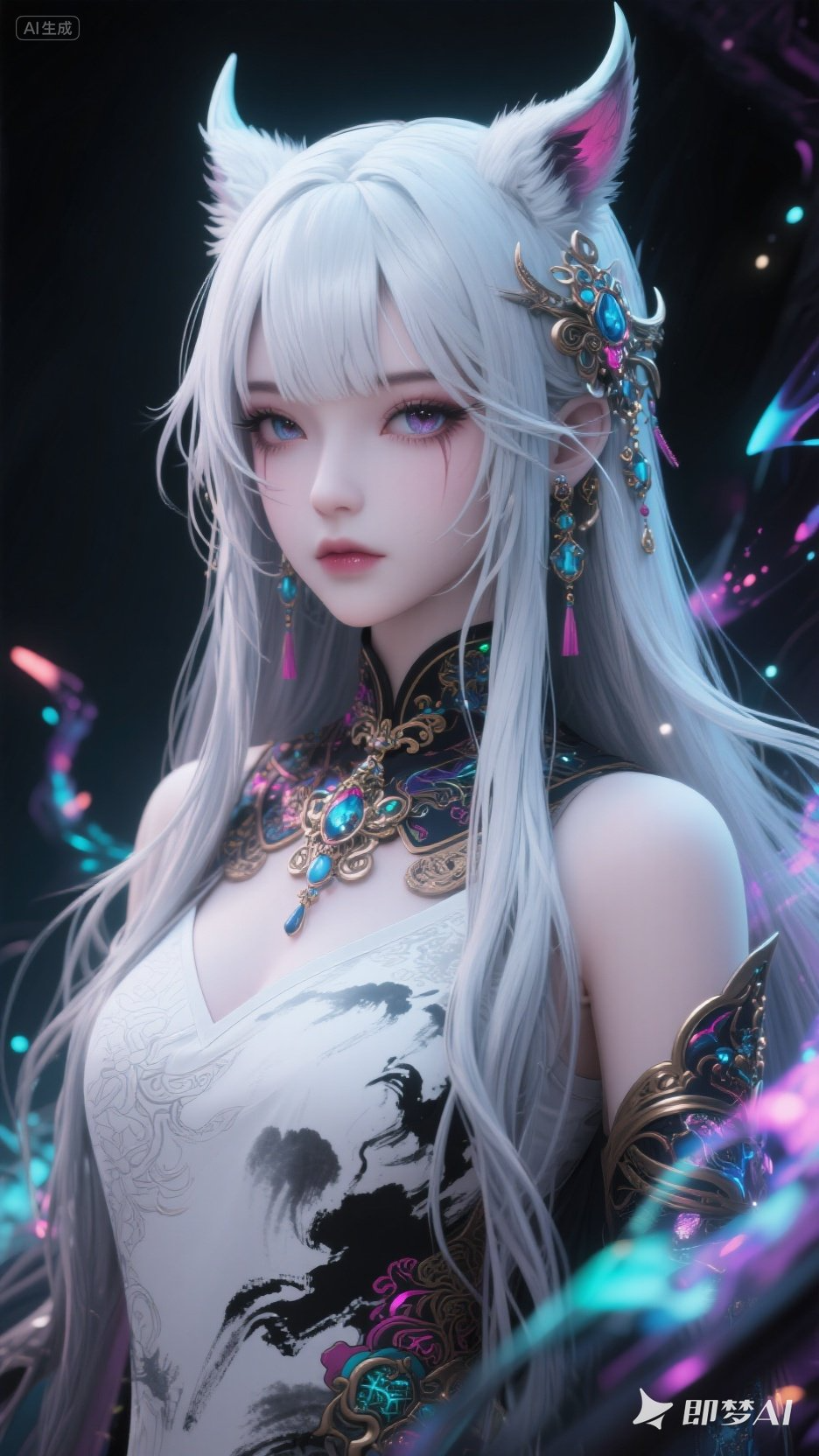 即梦AI绘画-妖冶,丹凤眼,冷白皮,兽耳,浪漫主义, 半身像
