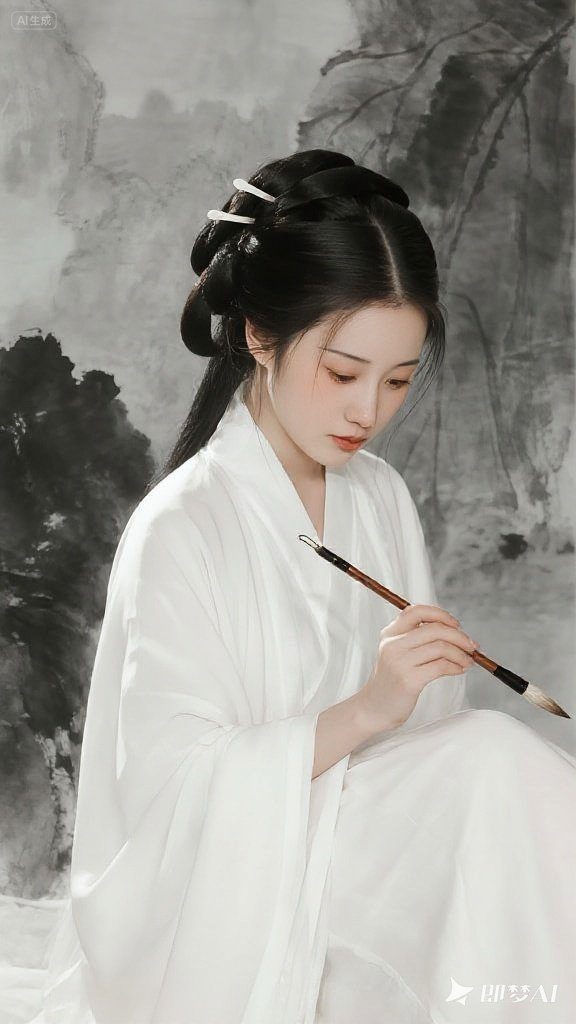 即梦AI绘图-一位身着一袭洁白如雪的汉服少女