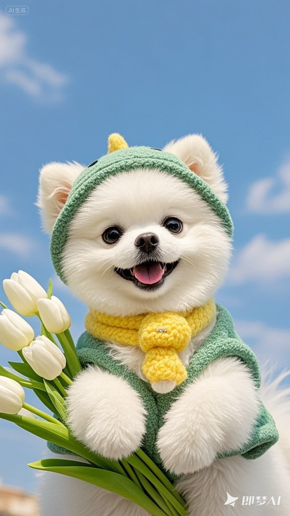 即梦AI绘画-一只可爱的纯白色博美犬,时尚,戴着一顶帽子
