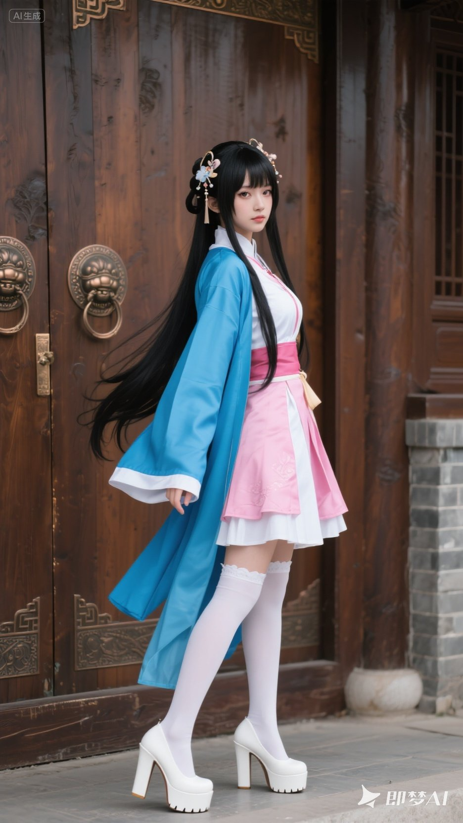 即梦AI绘画-年轻女子,黑色长发(古风cos发型,戴发饰 )