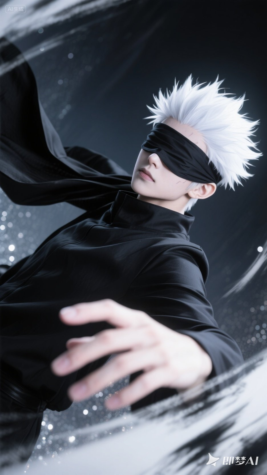 即梦AI绘画-《咒术回战》五条悟。白色头发,黑色衣服,真人Cosplay写真